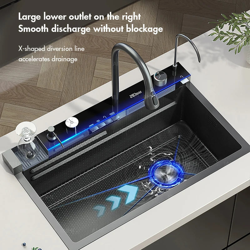 304 Stainless Steel Waterfall Kitchen Sink Integrated Digital Display Faucet