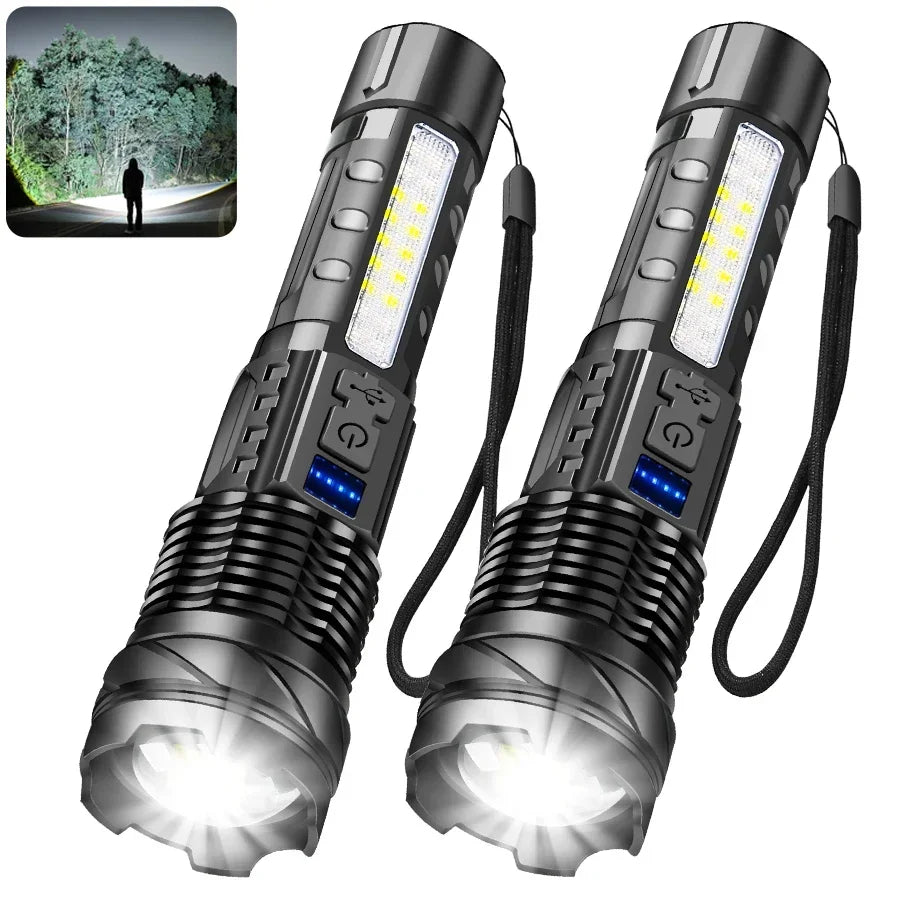 Rechargeable LED Flashlight Zoomable Torch COB Side Led 7 Modes Waterproof High Power, Outdoor