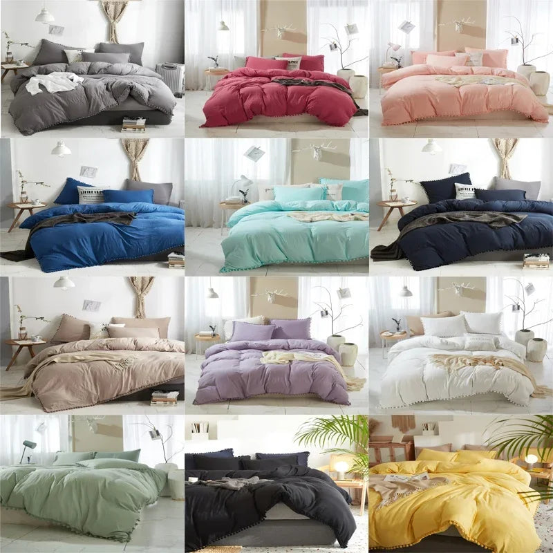 Solid Color Soft Washed Duvet Cover 3 Pieces Set Pillowcase Bedding Set for Twin Full Queen King Size Cute Pom-pom Decorative Edging