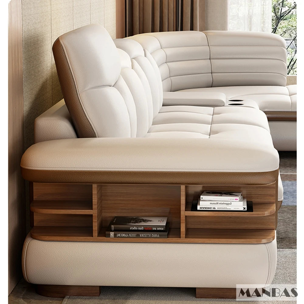Luxury L-Shaped Genuine  Leather Sectional Sofa, USB, Bluetooth Speaker