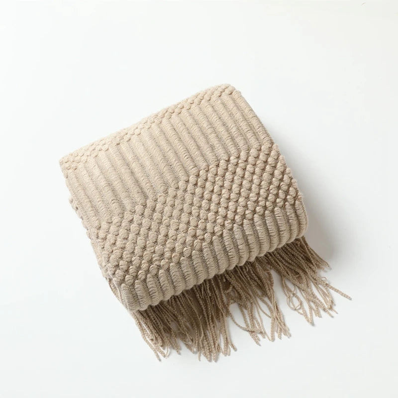 Khaki Knitted Throw/Blanket With Fringe Luxury Farmhouse