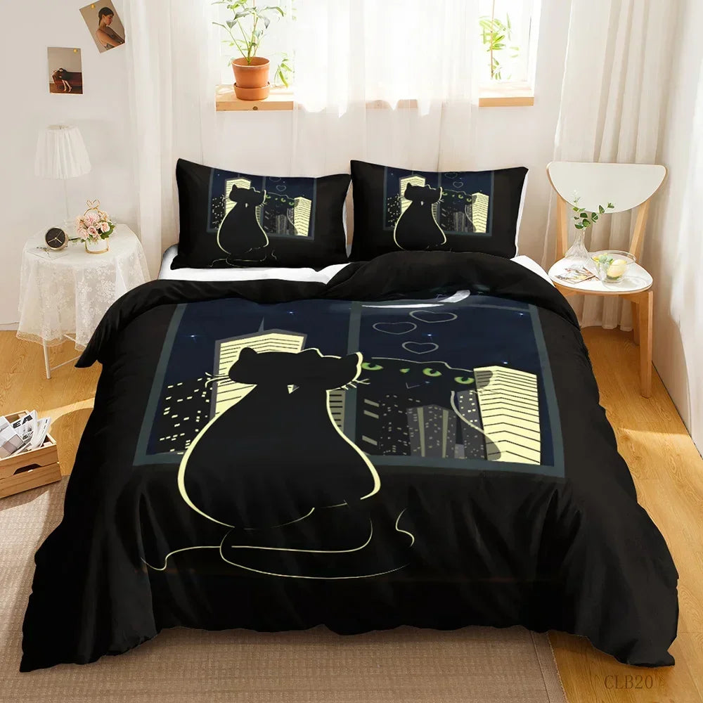 3PCS Single- Sided Printed Bedding Set, Cartoon Cat Duvet cover, Two Pillowcases