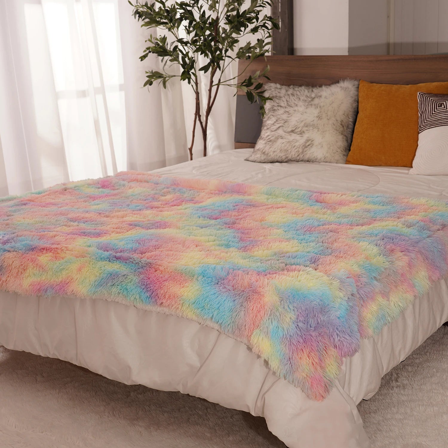 Soft Rainbow Fluffy Plush Blanket, Bedspread, Sofa Blanket