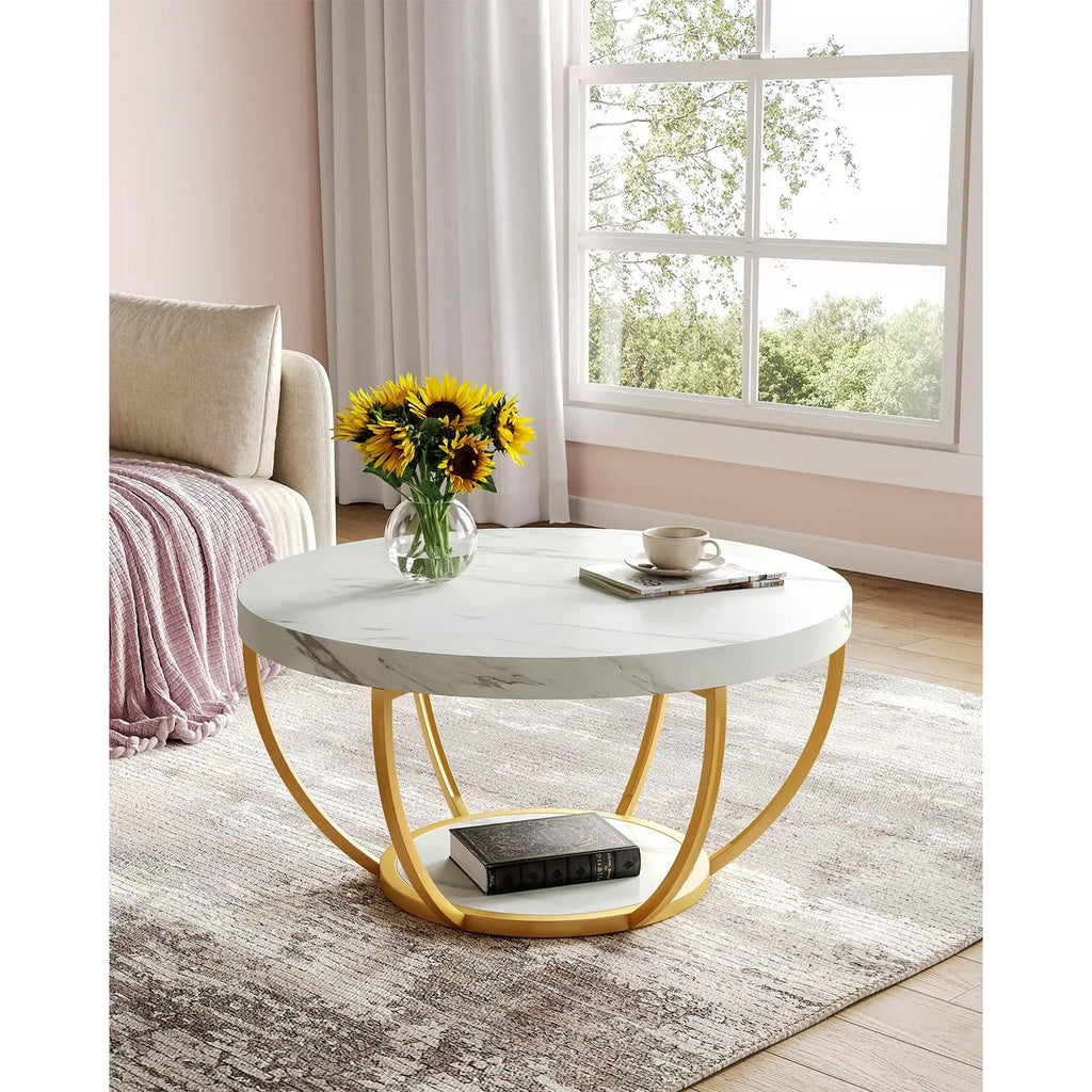 32" Circle Coffee Tables, 2-Tier Metal legs, With Open Storage