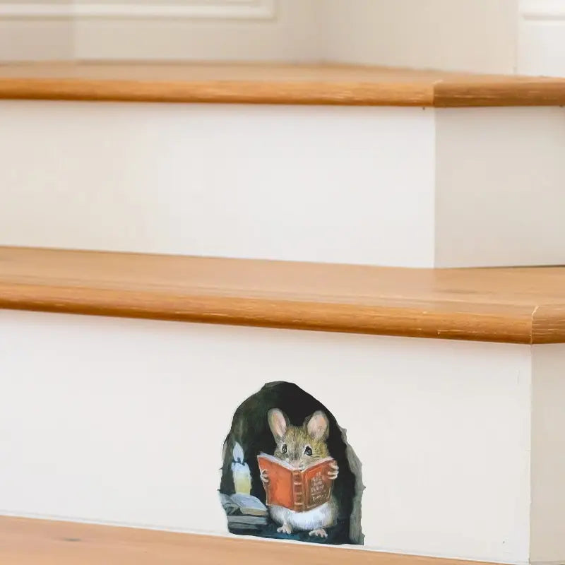 3Pc Realistic Reading Mouse Hole Sticker for Stairs  And Corners