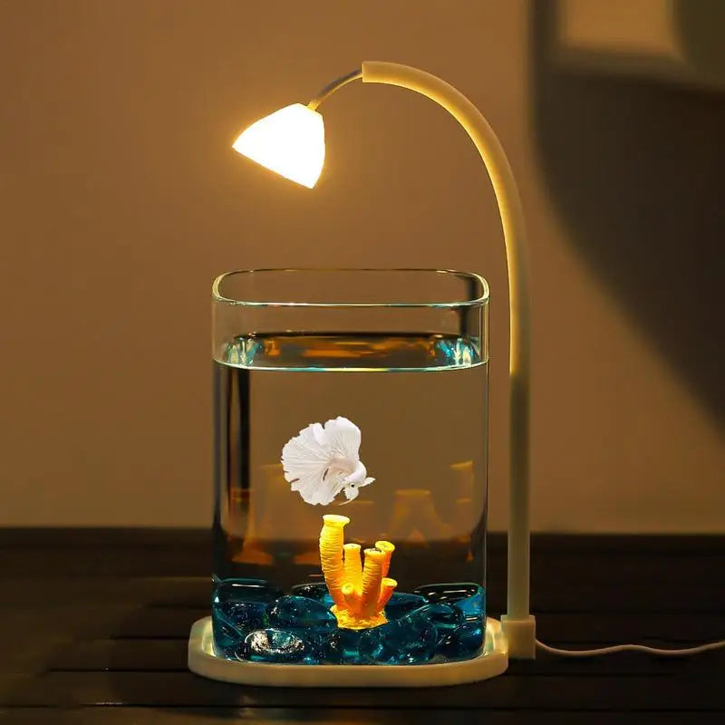 Small Fish Tank With Night Light and Green Crystals for Tank Bottom