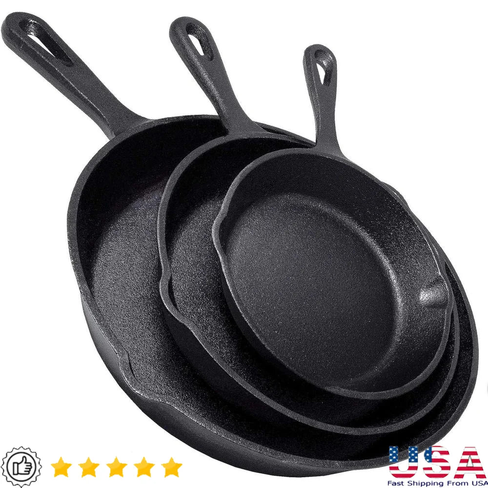 Heavy Duty Cast Iron Skillet Set 3 Piece, Pre-Seasoned
