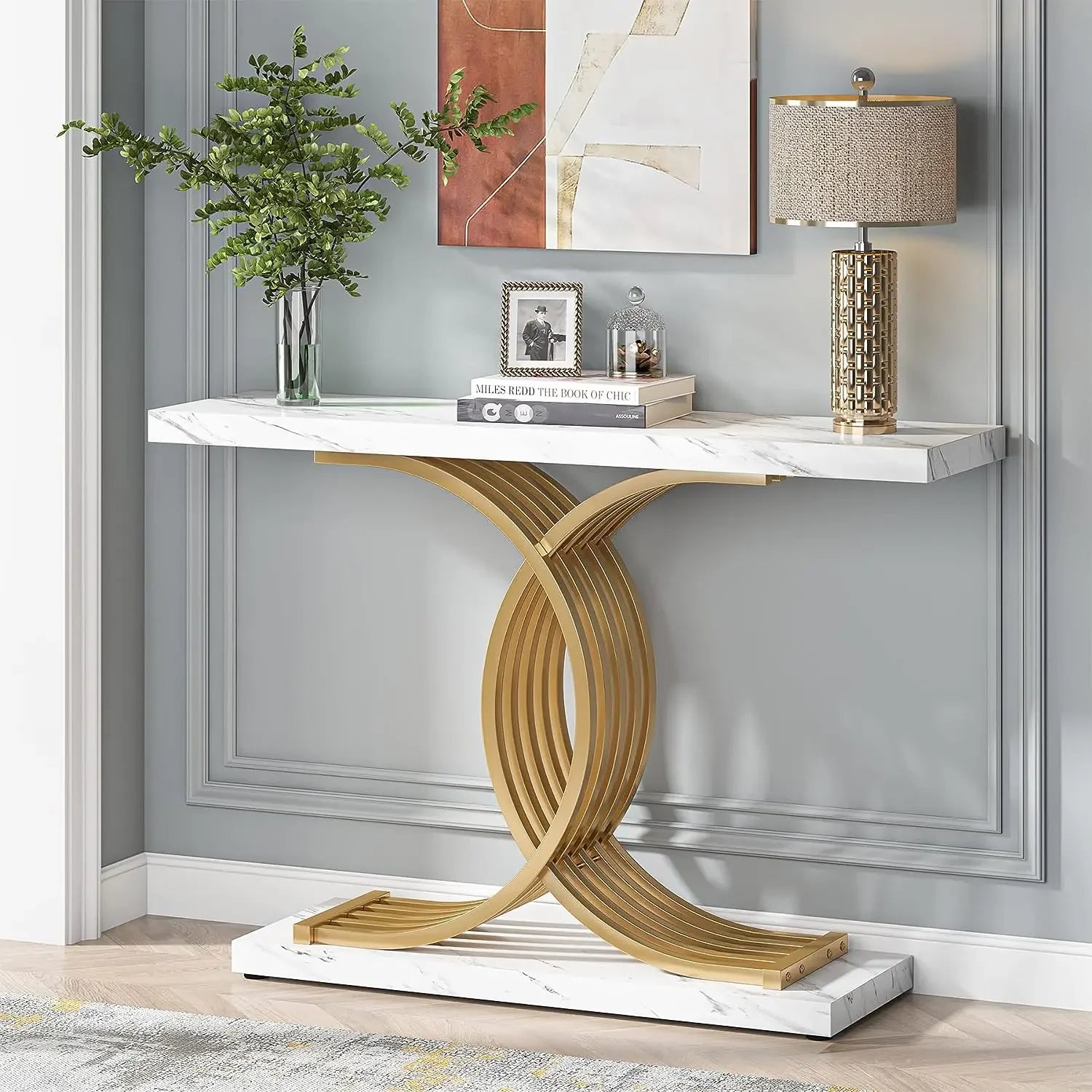 Tribesigns Entryway Table Faux Marble 39-Inch Console With Geometric Metal Legs