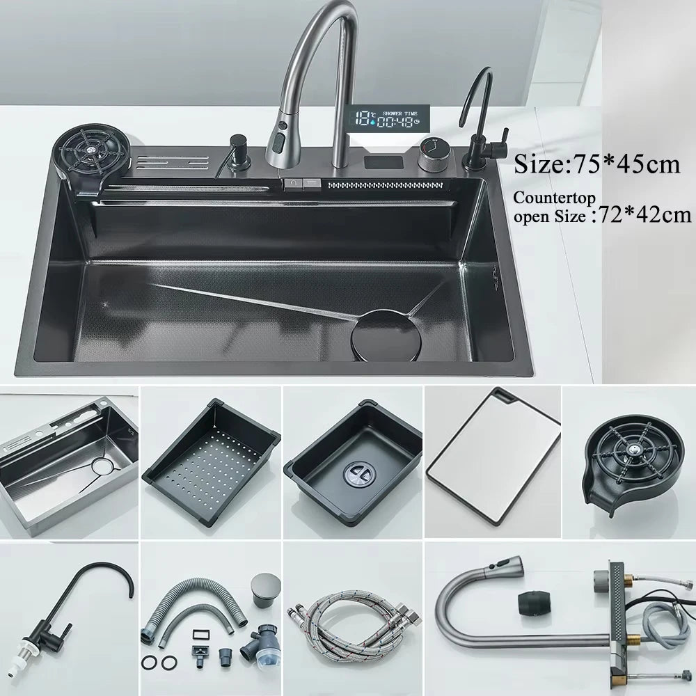 304 Stainless Steel Waterfall Kitchen Sink Integrated Digital Display Faucet