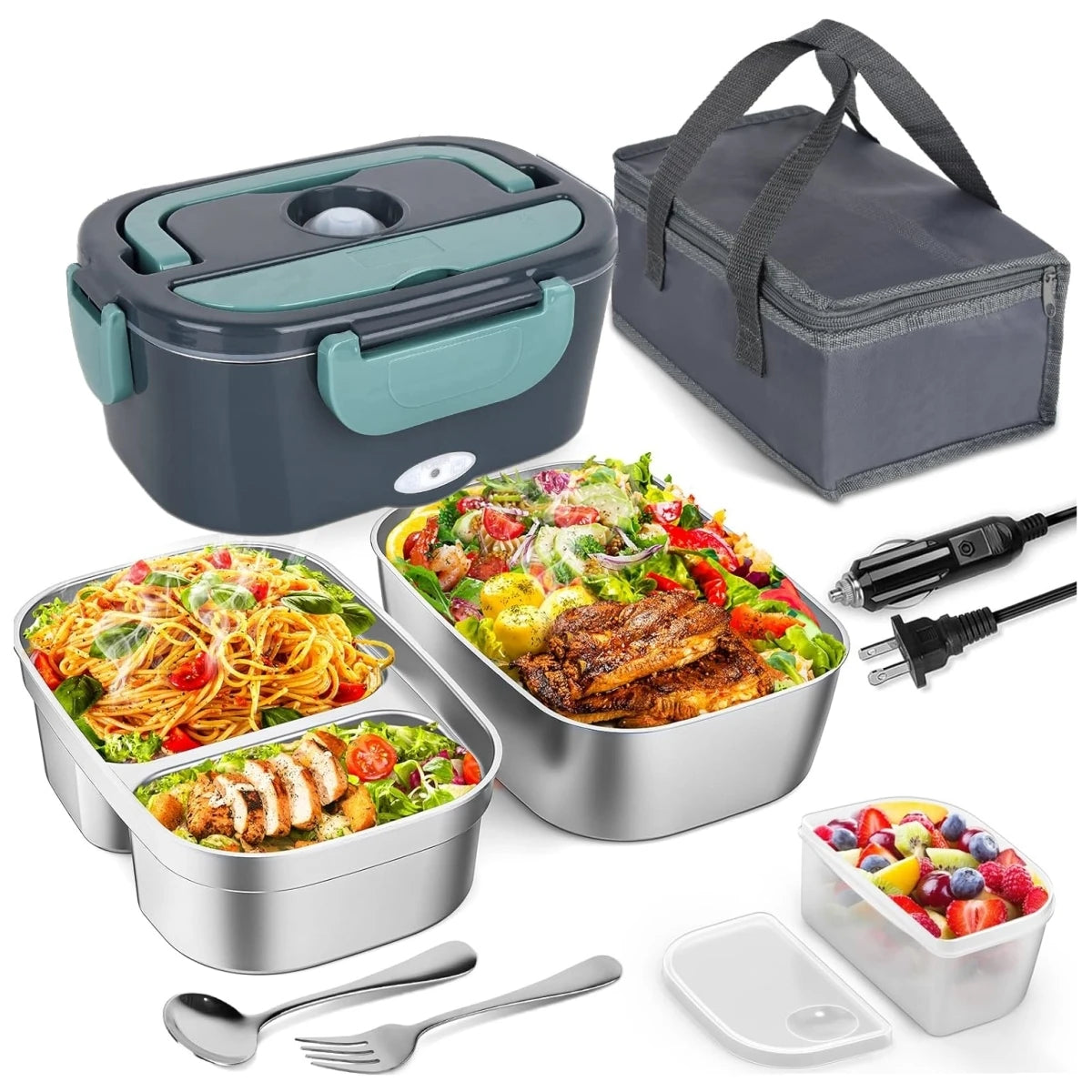 Electric Lunch Box for Adults-60W Fast Heated Lunch Box for Men & Women with Dual 1.5LStainless Steel Containers Fast Heating Portable
