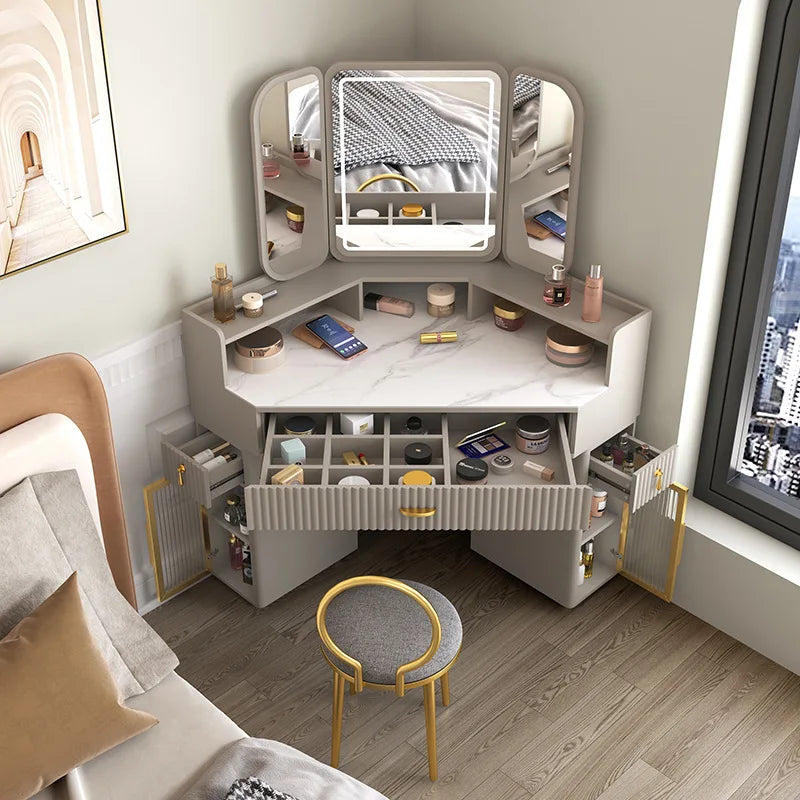 Dressing Table Solid Wood Corner Triangle Makeup Storage, Chair