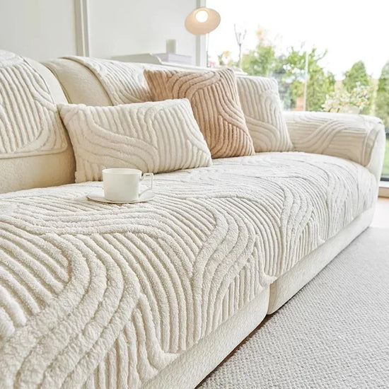 Wave Striped Sofa Cover, Solid Colors, Non-Slip Thicken Plush,