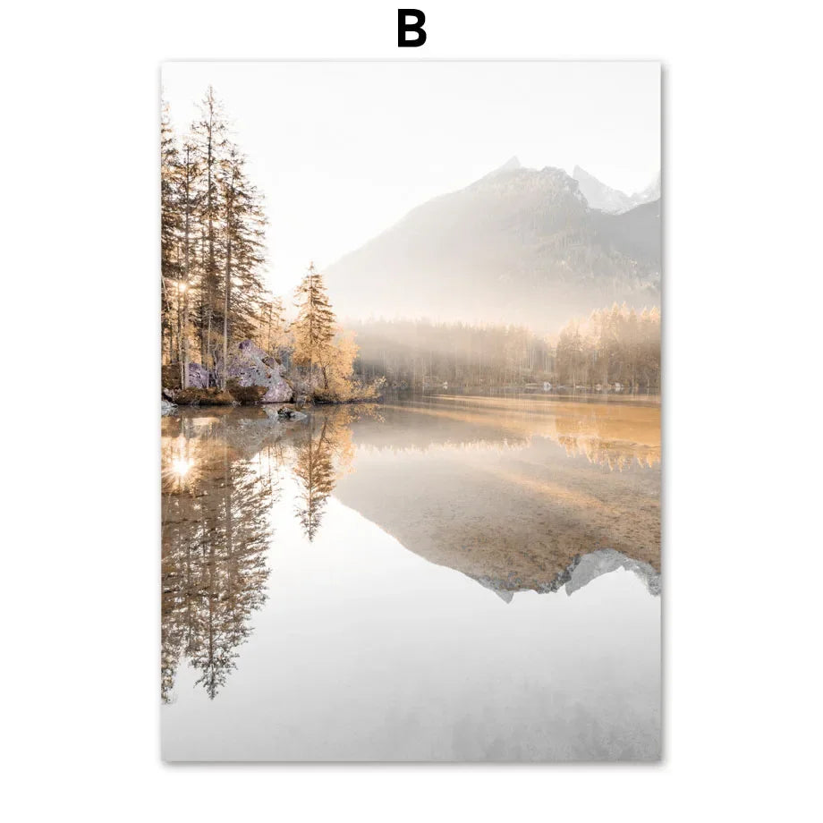 Beige Mountain Lake Forest Landscape Line QuotesWall Art Canvas Painting Nordic Posters and Prints Living Room Decoration Mur