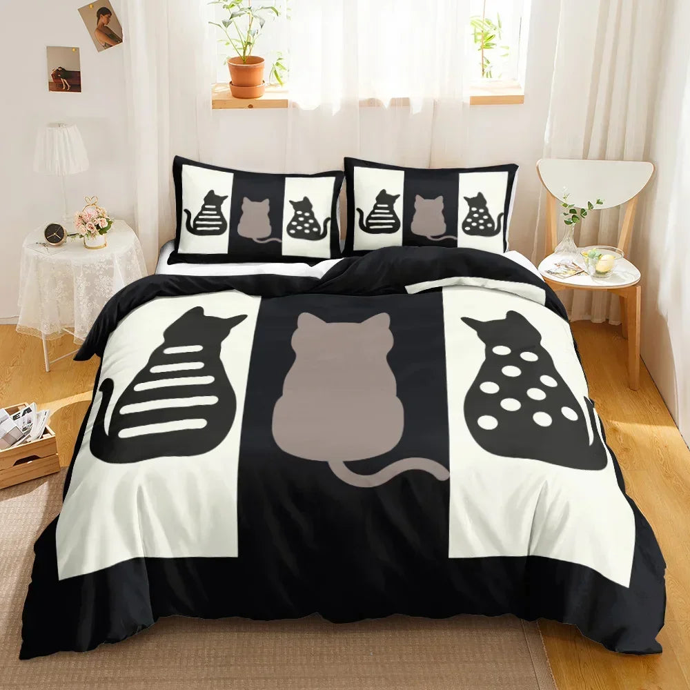3PCS Single- Sided Printed Bedding Set, Cartoon Cat Duvet cover, Two Pillowcases