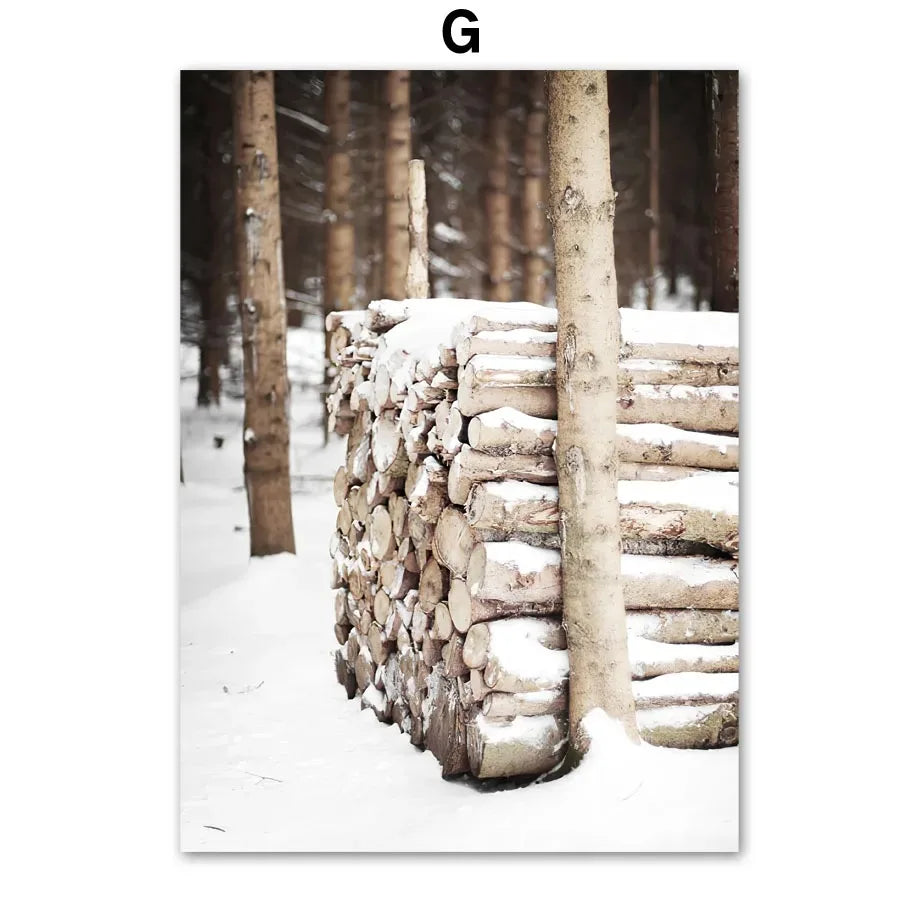 Wall Art Canvas Winter Snow House, Pine Tree, Reindeer