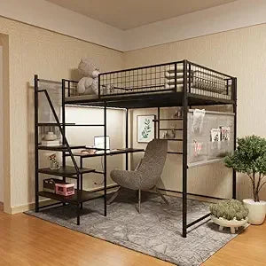 Metal Loft Bed Full Size, Metal frame, Staircase, Charging Station, LED lighting