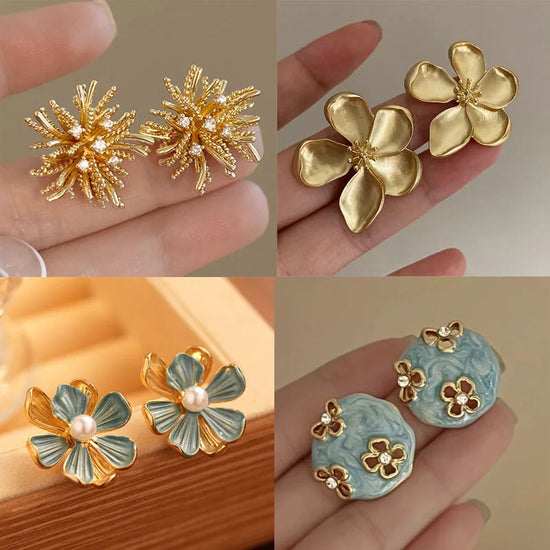 Elegant Niche Light Luxury Clip on Earrings, with Gold Firework , Retro Minimalist Blue Flower Design