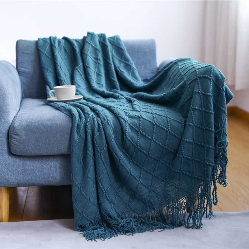 Khaki Knitted Throw/Blanket With Fringe Luxury Farmhouse