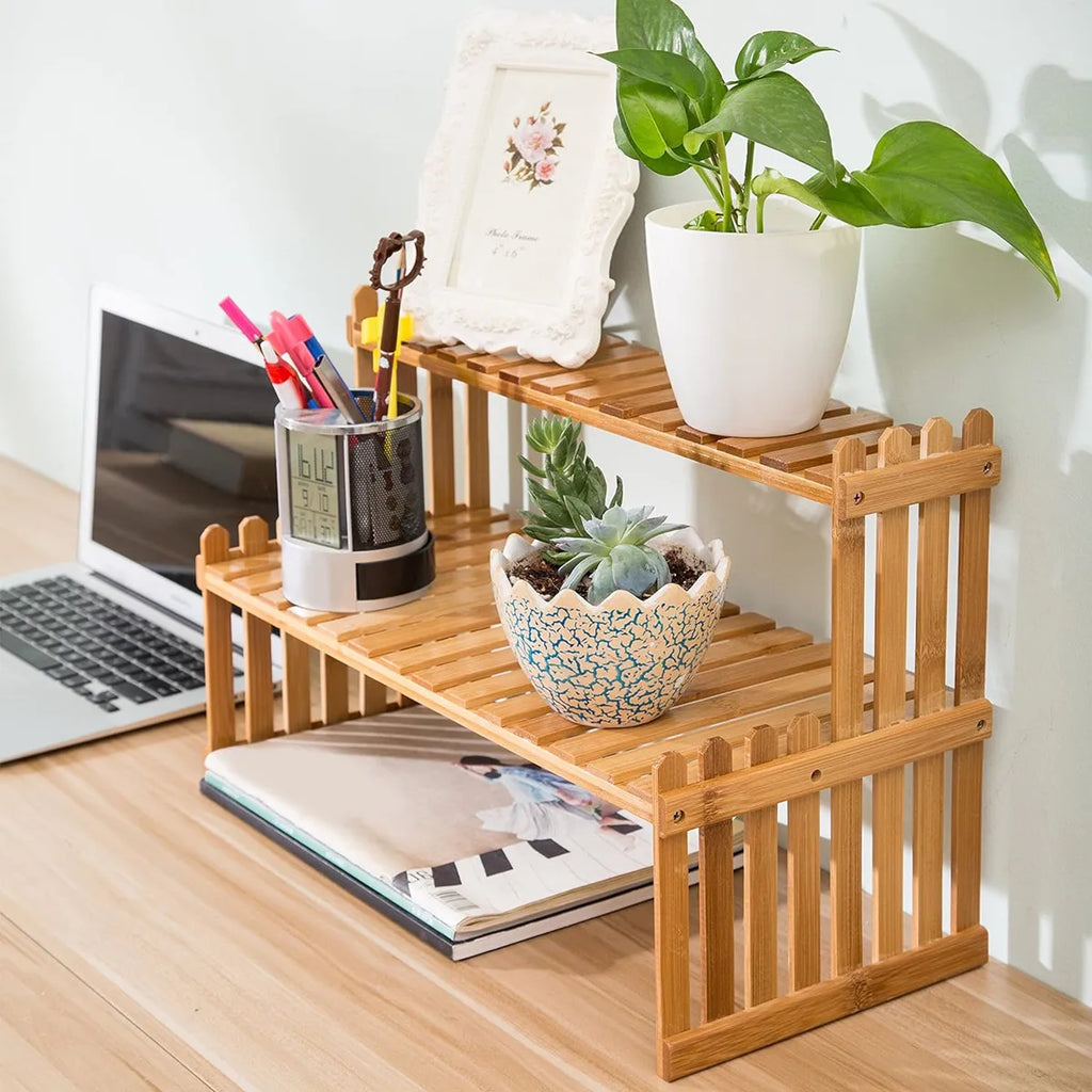 2 Tier Natural Bamboo Shelf For Plants, Books, Household