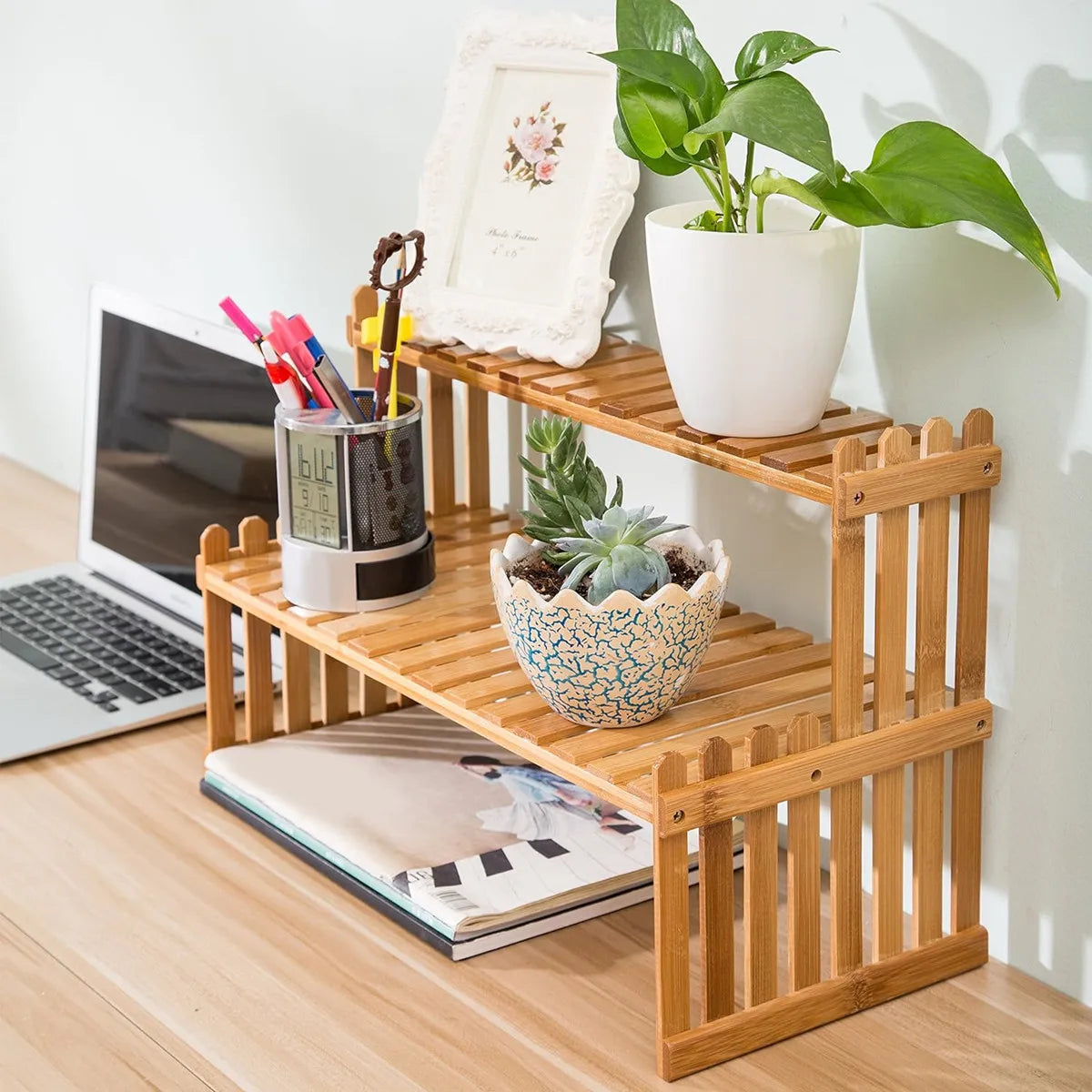 2 Tier Natural Bamboo Shelf For Plants, Books, Household