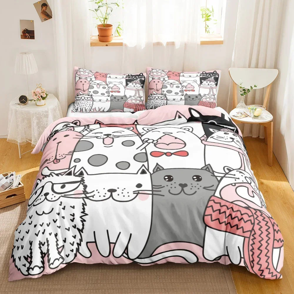 3PCS Single- Sided Printed Bedding Set, Cartoon Cat Duvet cover, Two Pillowcases