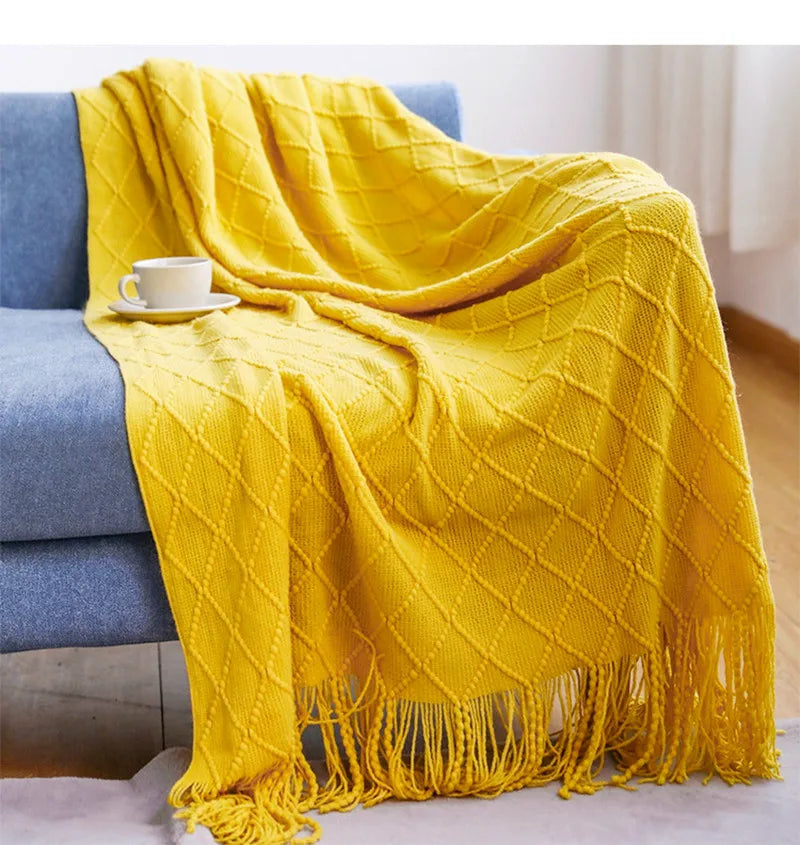 Khaki Knitted Throw/Blanket With Fringe Luxury Farmhouse