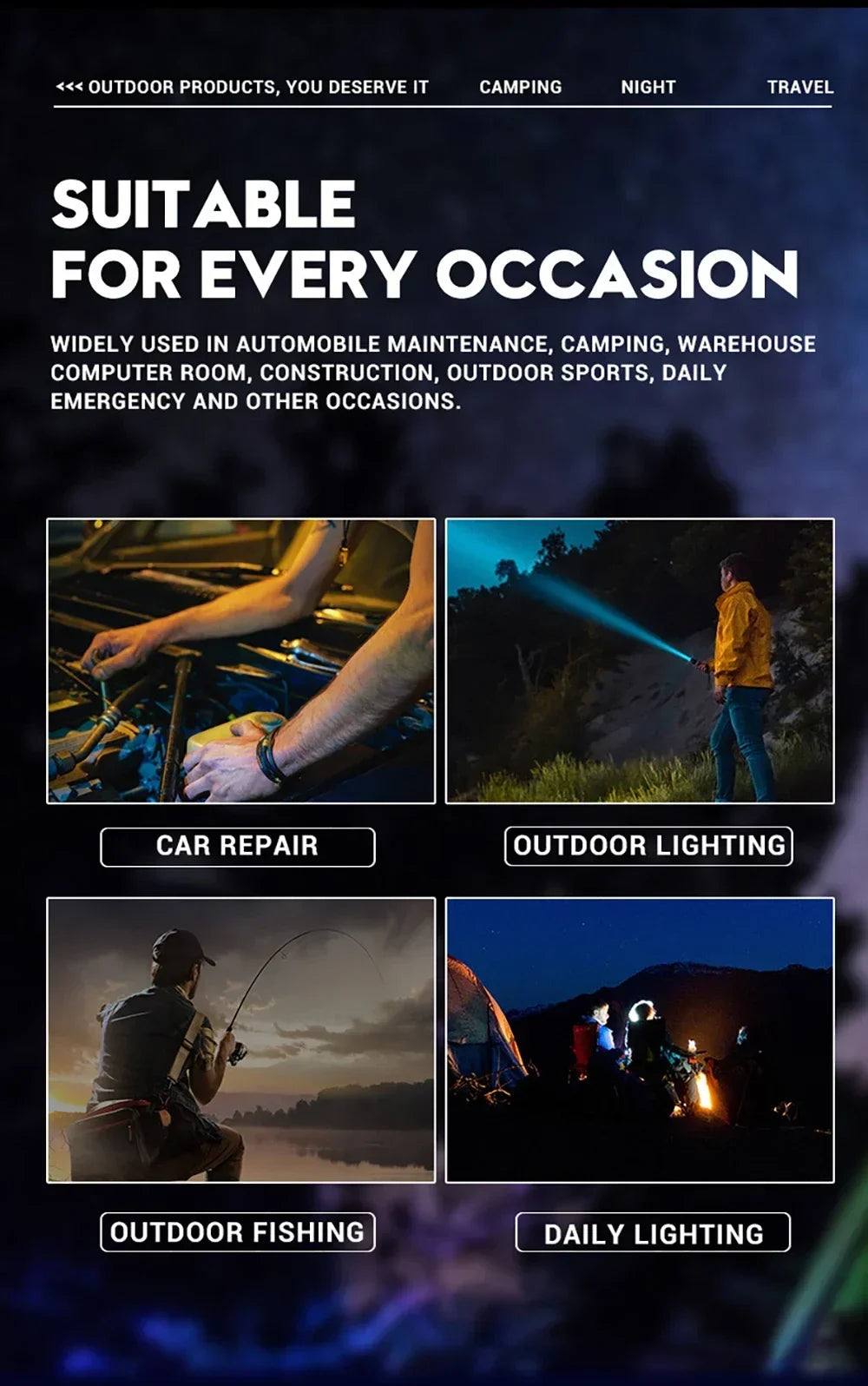 Rechargeable LED Flashlight Zoomable Torch COB Side Led 7 Modes Waterproof High Power, Outdoor
