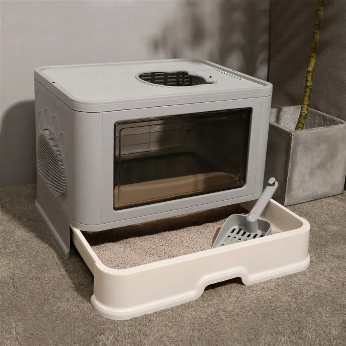 Litter Box, Top and Side Entry/Exit, Foldable Pull Out Litter Tray