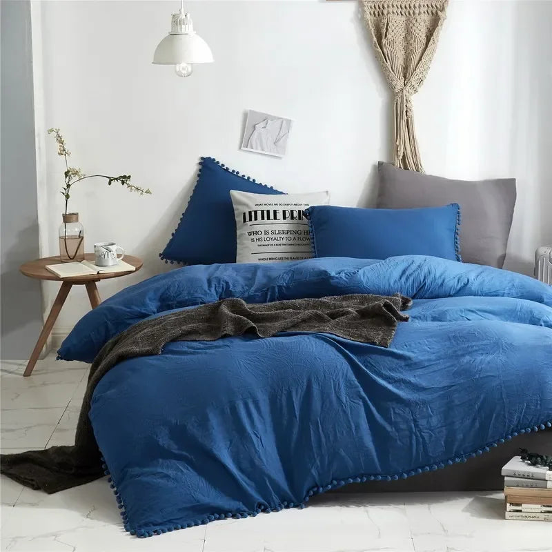 Solid Color Soft Washed Duvet Cover 3 Pieces Set Pillowcase Bedding Set for Twin Full Queen King Size Cute Pom-pom Decorative Edging