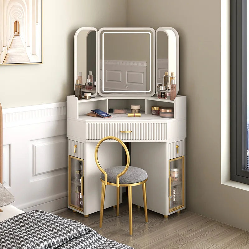 Dressing Table Solid Wood Corner Triangle Makeup Storage, Chair