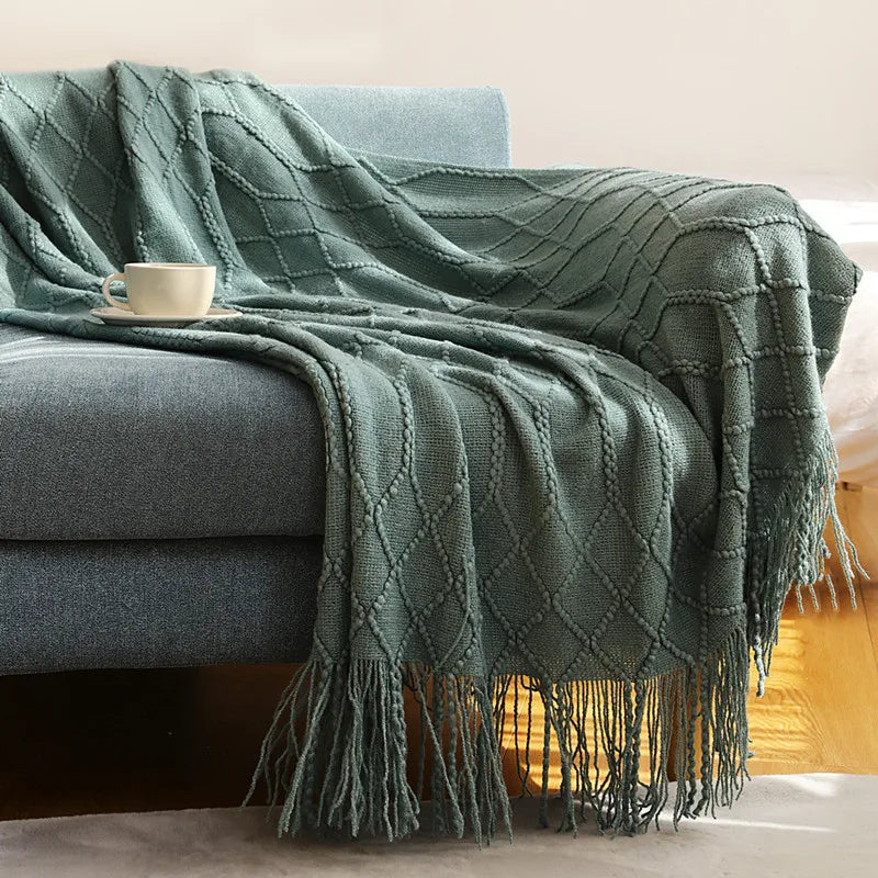 Khaki Knitted Throw/Blanket With Fringe Luxury Farmhouse