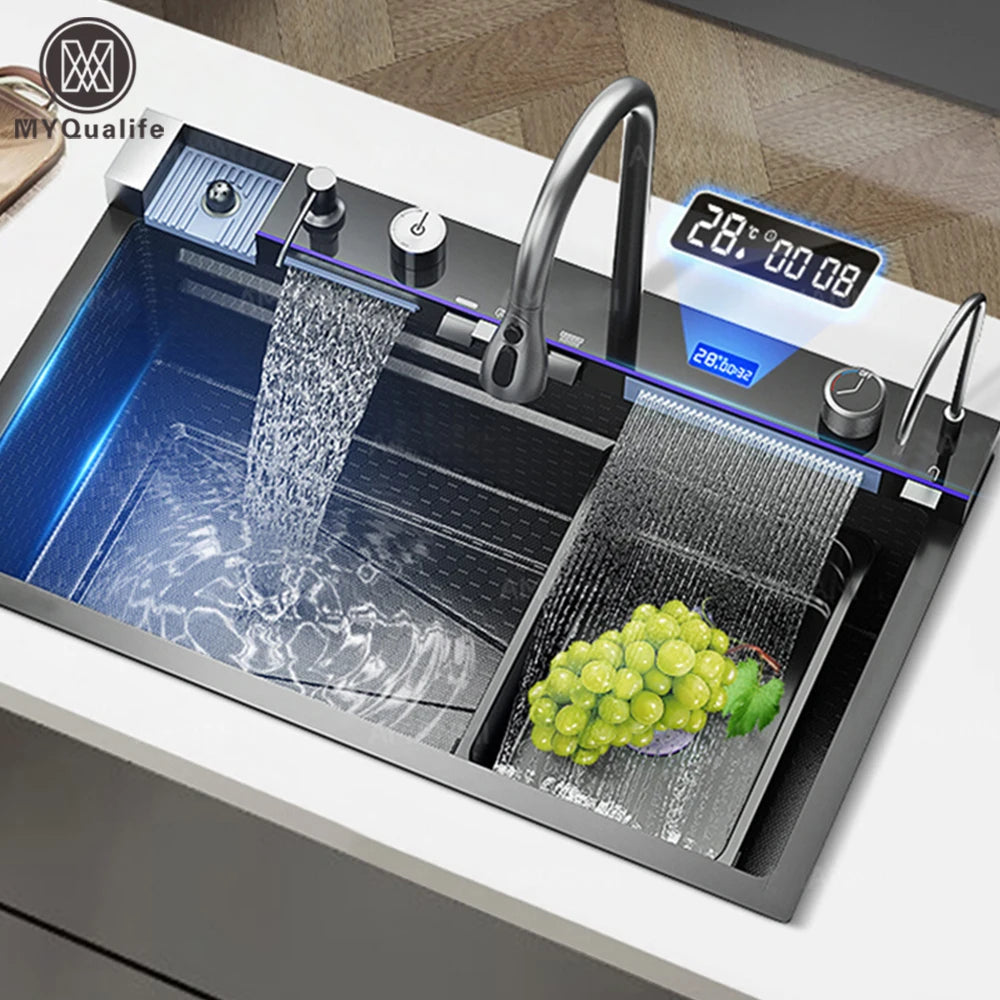 304 Stainless Steel Waterfall Kitchen Sink Integrated Digital Display Faucet