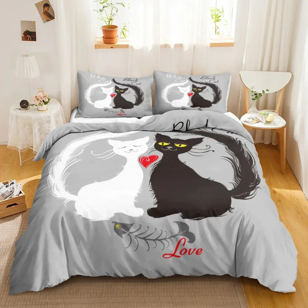 3PCS Single- Sided Printed Bedding Set, Cartoon Cat Duvet cover, Two Pillowcases