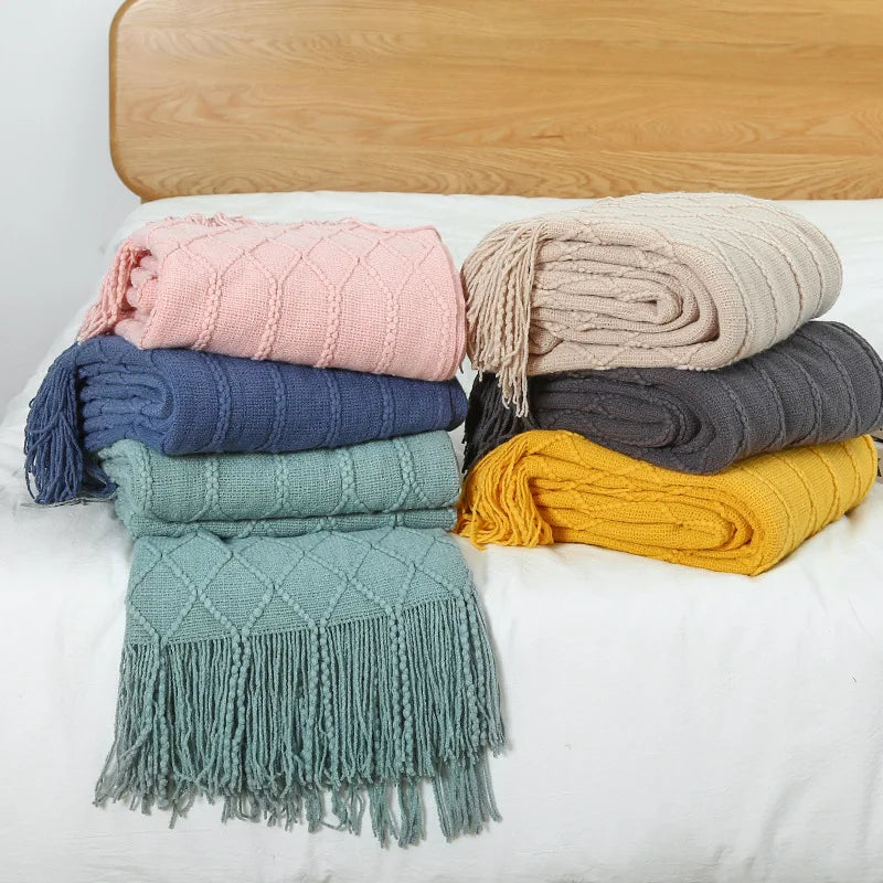 Nordic Knitted Throw Blanket with Fringe Luxury Bed or Sofa