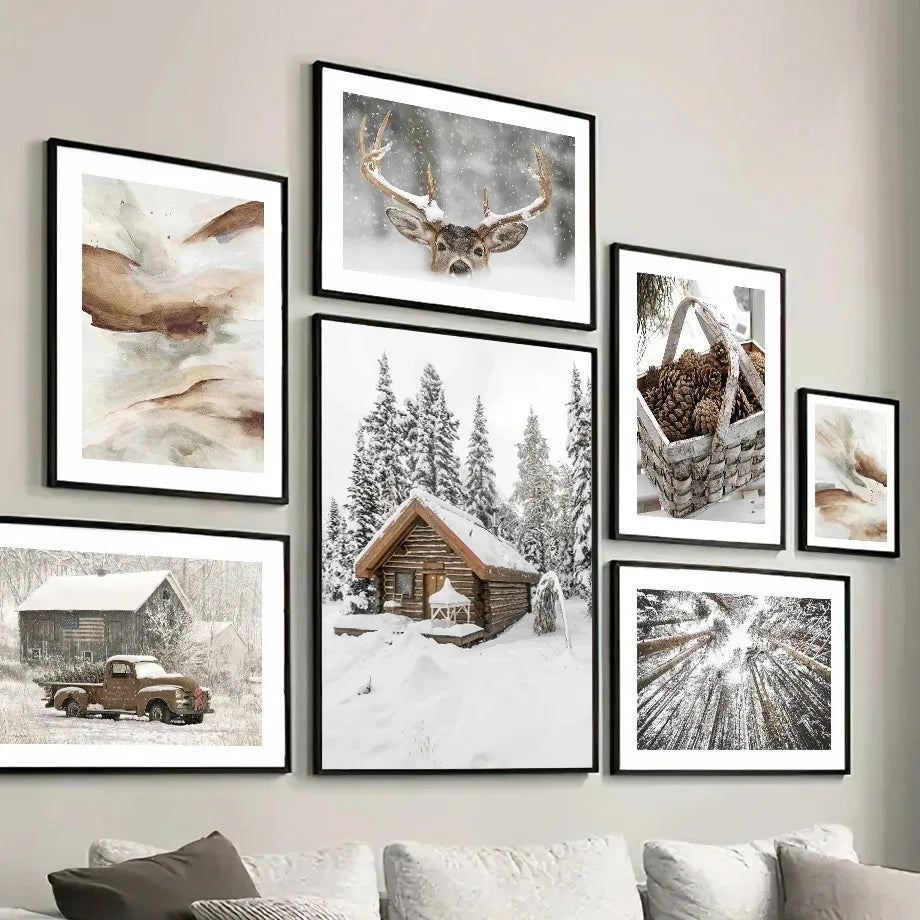 Wall Art Canvas Winter Snow House, Pine Tree, Reindeer
