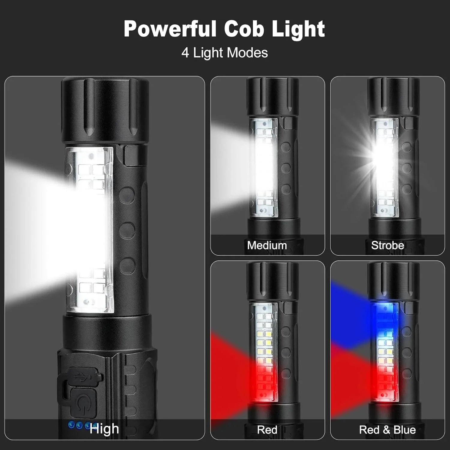 Strong Flashlight, Long Endurance on a charge, Long Range Illumination, with Work light