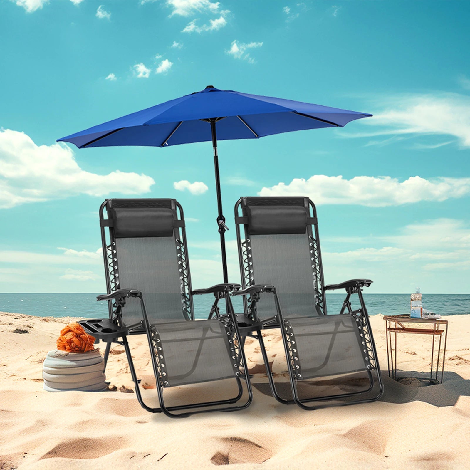 JKH Zero Gravity Set 2 Chairs Cup Holder Trays Adjustable Pillow