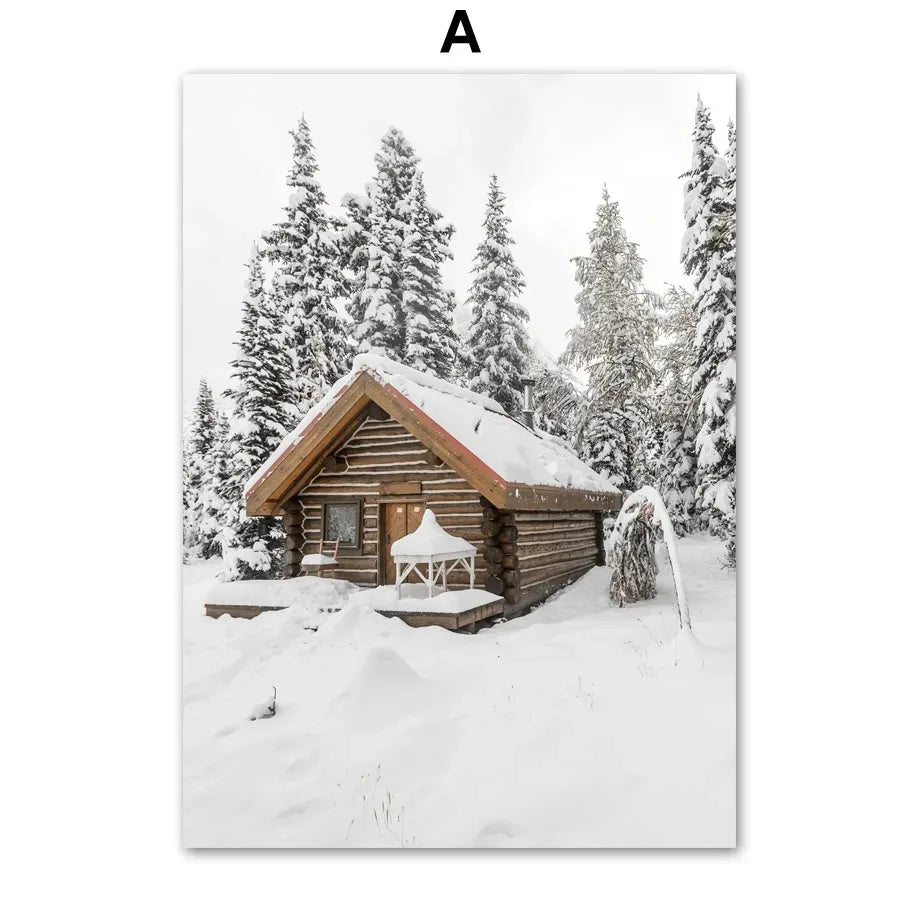 Wall Art Canvas Winter Snow House, Pine Tree, Reindeer