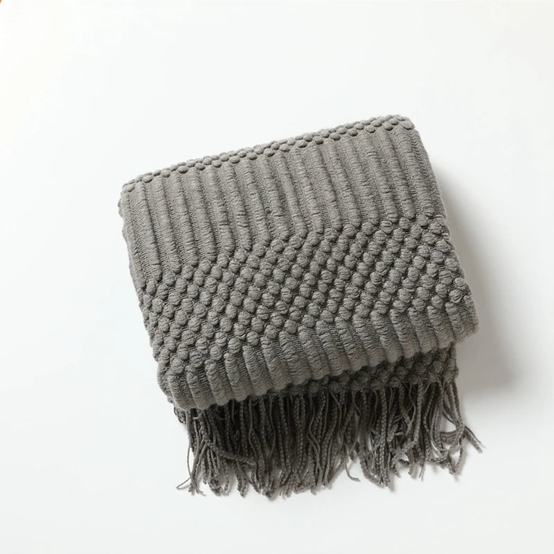 Khaki Knitted Throw/Blanket With Fringe Luxury Farmhouse