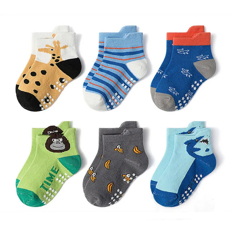 Kids Socks 6 Pairs Cartoon Animal Pattern Cotton Non-slip For Boys