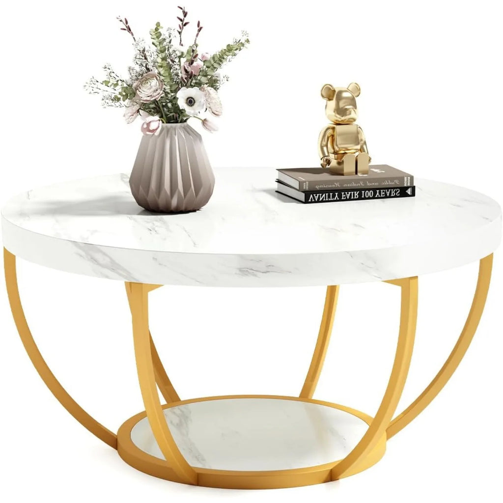 32" Circle Coffee Tables, 2-Tier Metal legs, With Open Storage