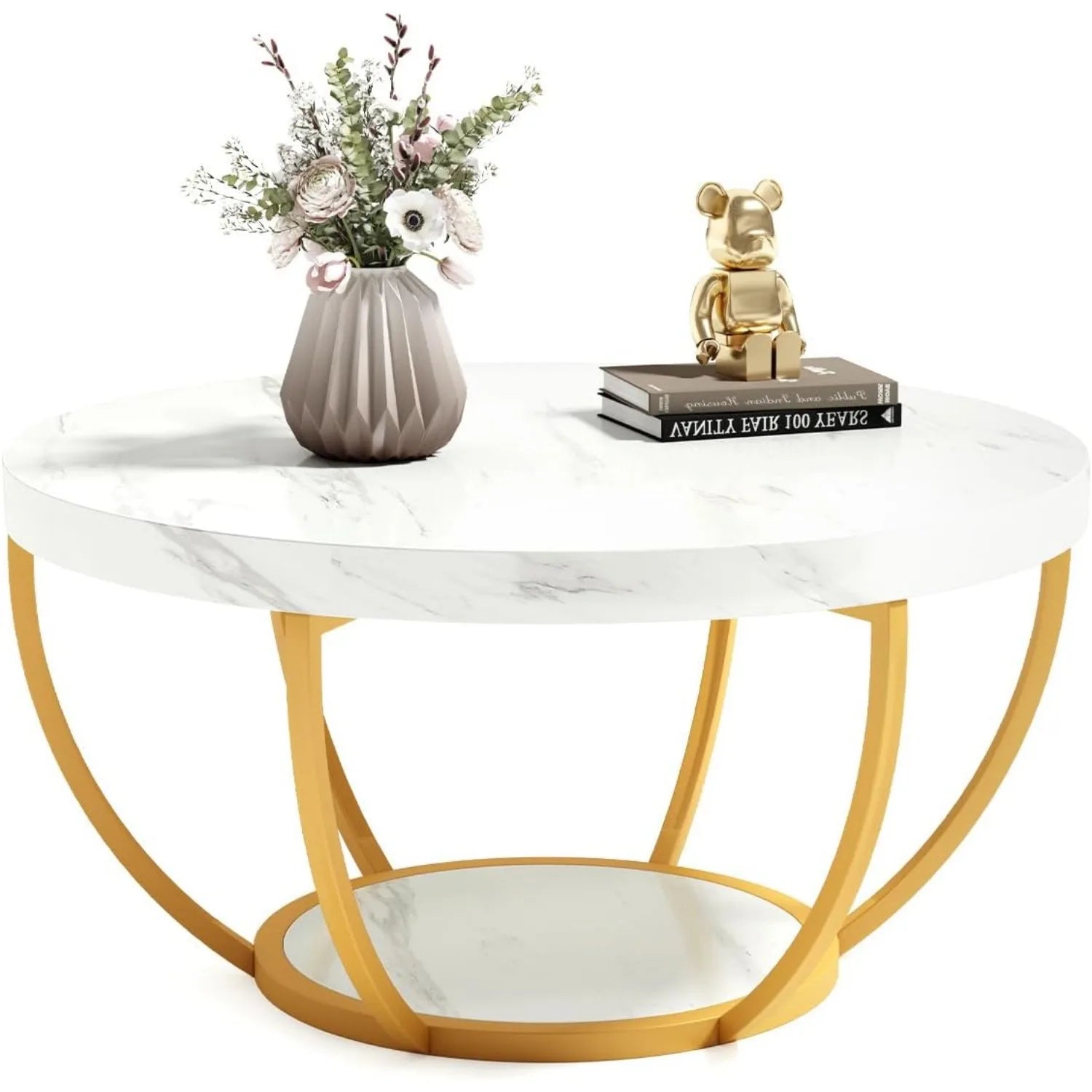 32" Circle Coffee Tables, 2-Tier Metal legs, With Open Storage