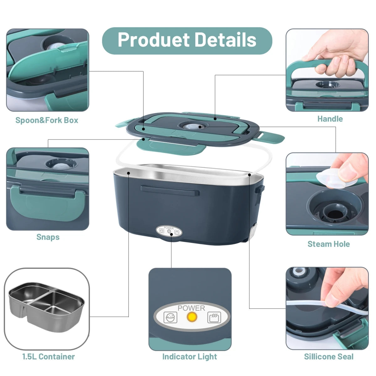 Electric Lunch Box for Adults-60W Fast Heated Lunch Box for Men & Women with Dual 1.5LStainless Steel Containers Fast Heating Portable