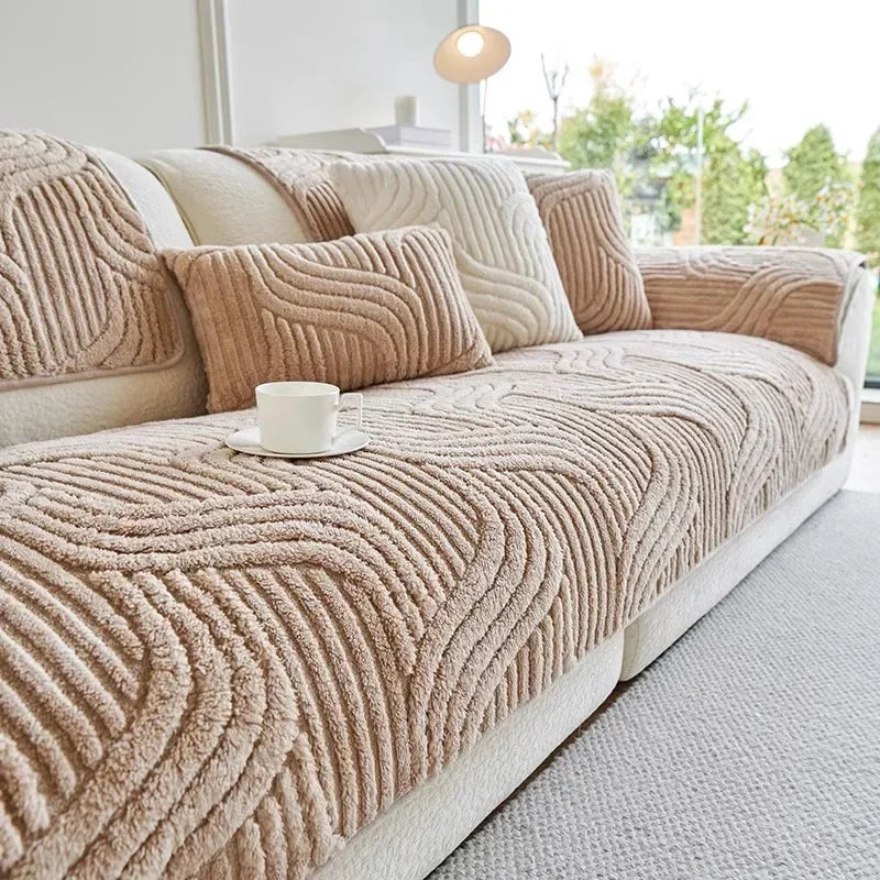 Wave Striped Sofa Cover, Solid Colors, Non-Slip Thicken Plush,