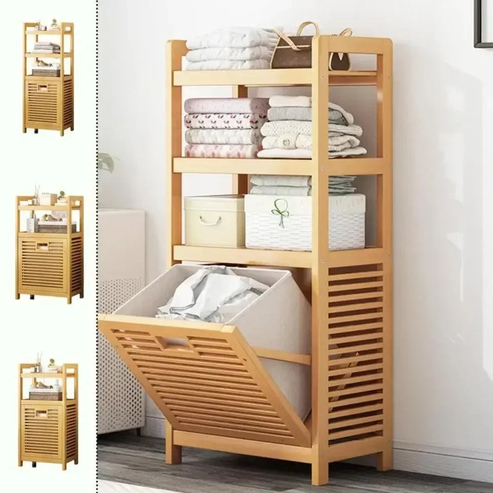 Wood Vein Weaving Laundry Hamper, Multi-Function Hamper, and shelves