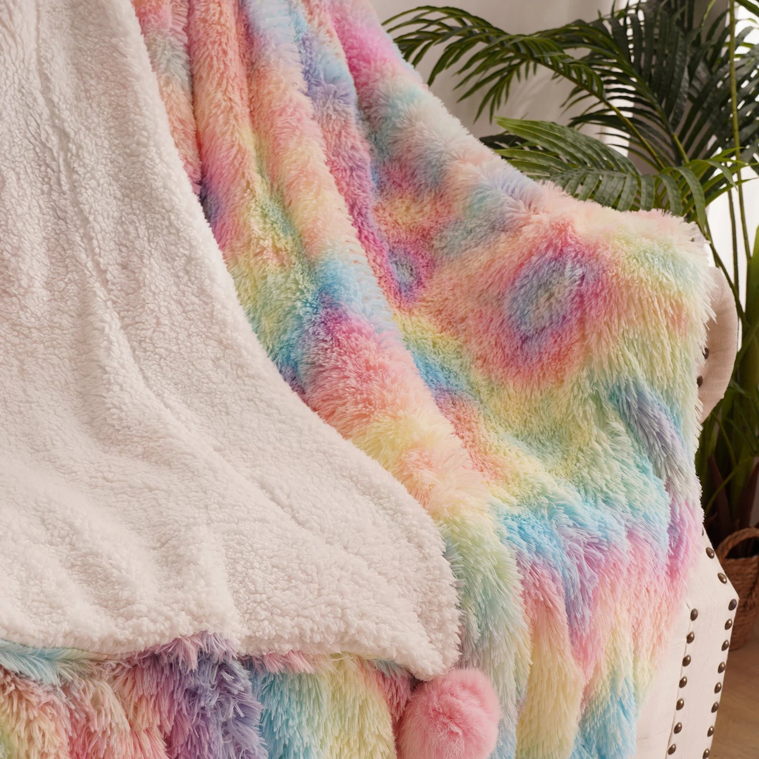 Soft Rainbow Fluffy Plush Blanket, Bedspread, Sofa Blanket