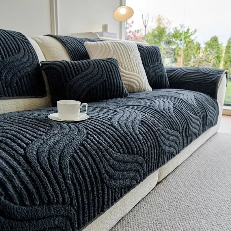 Wave Striped Sofa Cover, Solid Colors, Non-Slip Thicken Plush,
