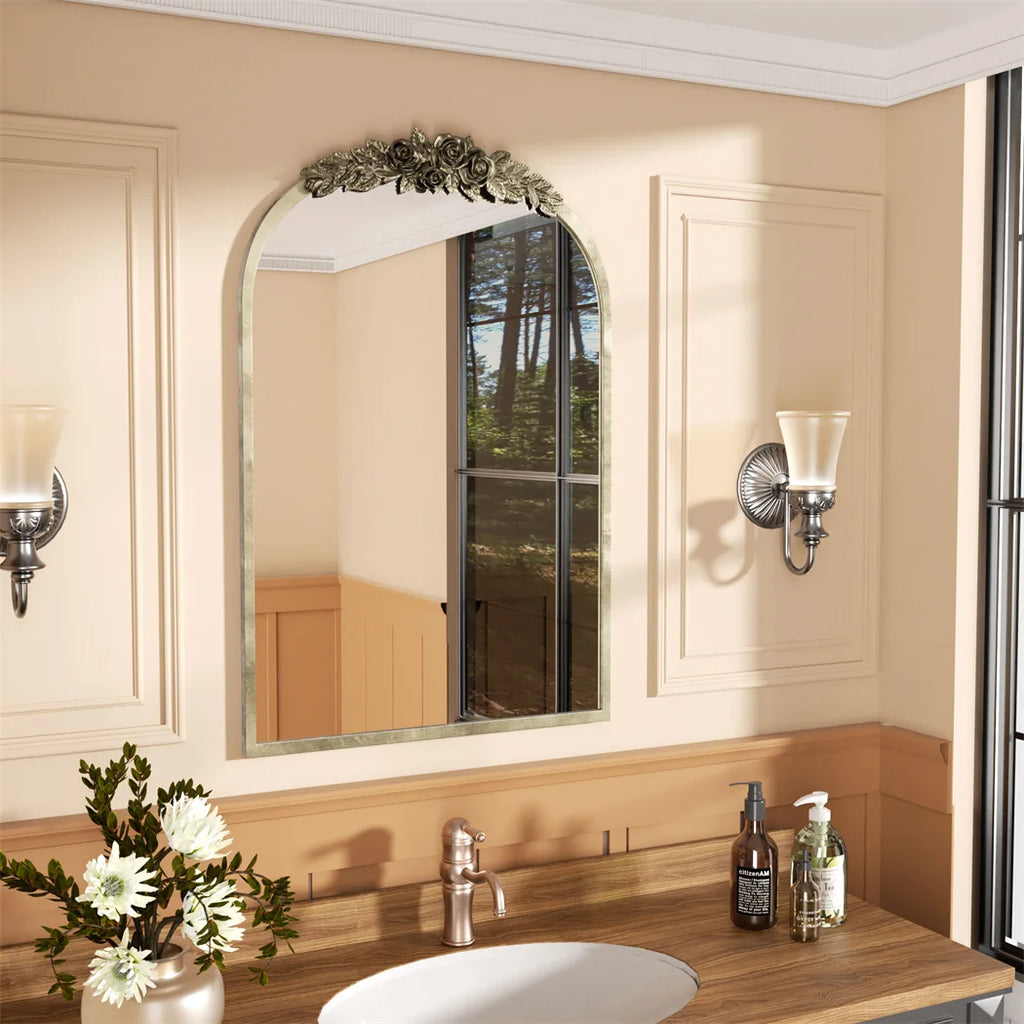 Arched Antique Brass Wall Mirror, Pretty on Mantel, Entryway