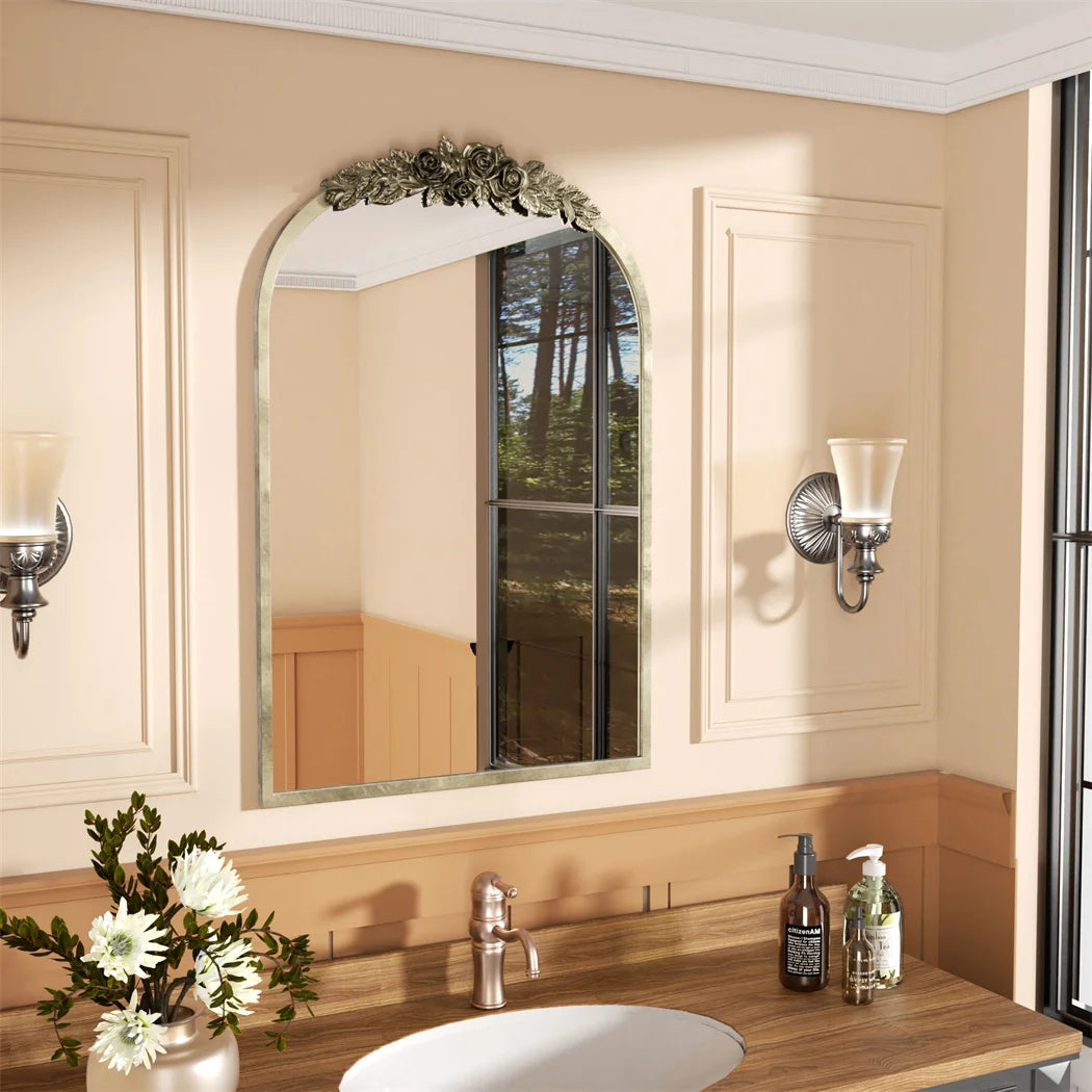 Arched Antique Brass Wall Mirror, Pretty on Mantel, Entryway