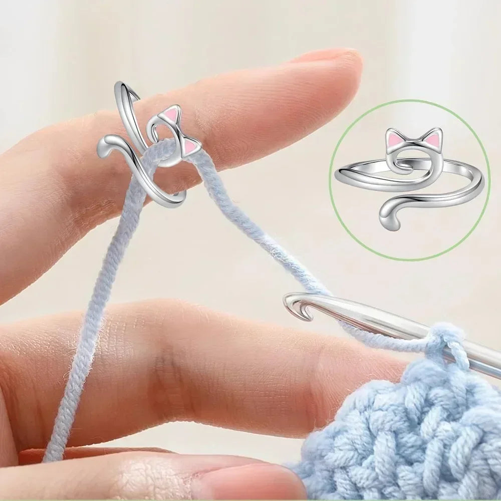 Adjustable Crochet Tension Ring, Cute Cat Yarn Guide Finger Holder, Knitting Thimble Hook Winder Tool for Beginners